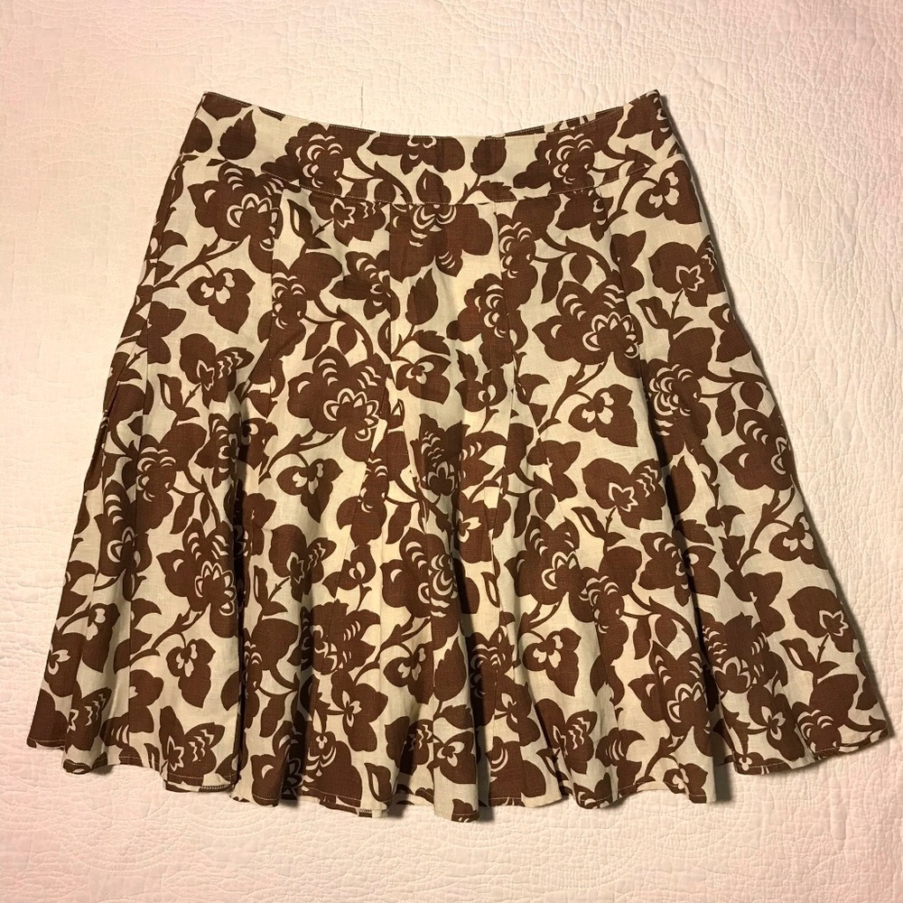 Boden Flared Skirt Linen Brown Floral Lined 8R US